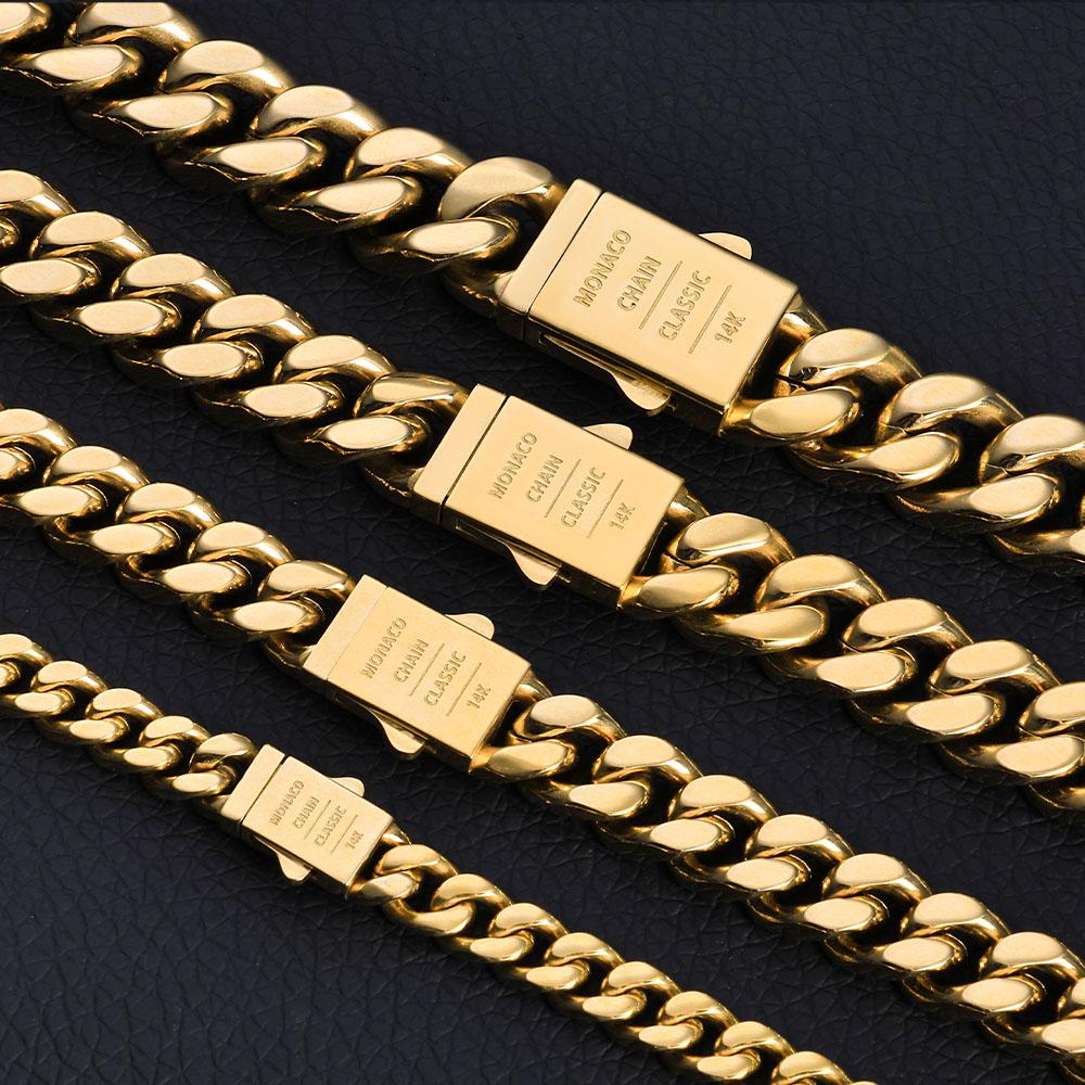 ESKEEM Hip Hop Monaco Bracelet PVD 14k Gold Plated Miami Cuban Link Chains 6/9/11/13MM Stainless Steel for Women and Men