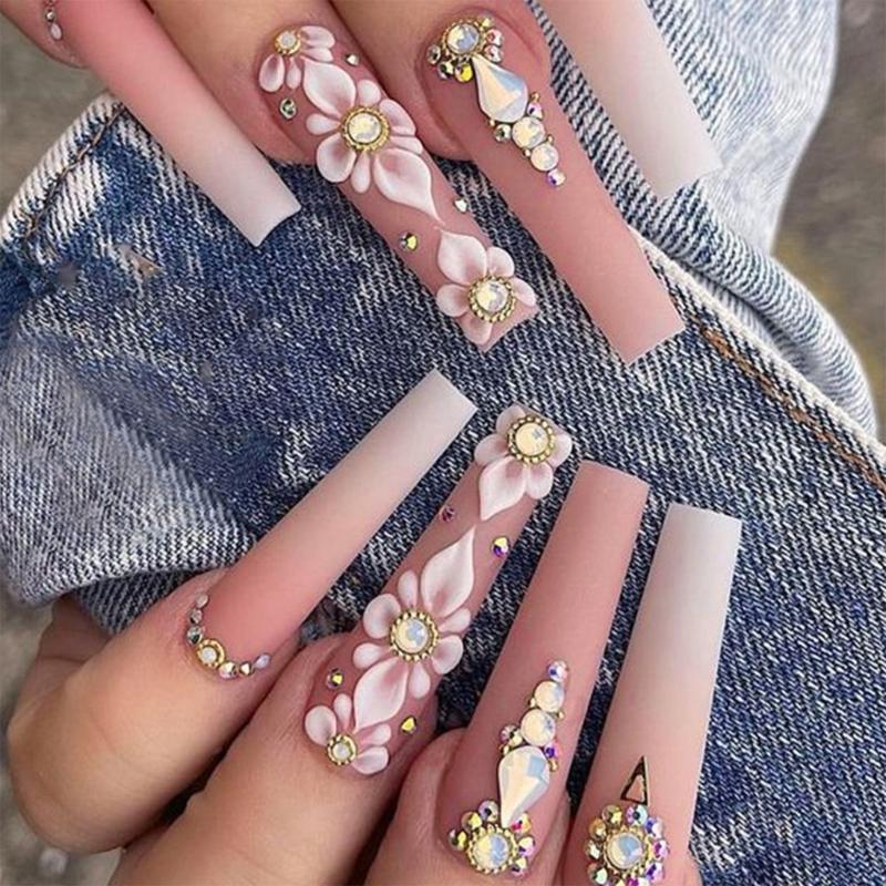 24Pcs Independence Day Themed Gradient Pink Camellia False Nail Stick On Nail for Fashion Enthusiasts and Parties Event