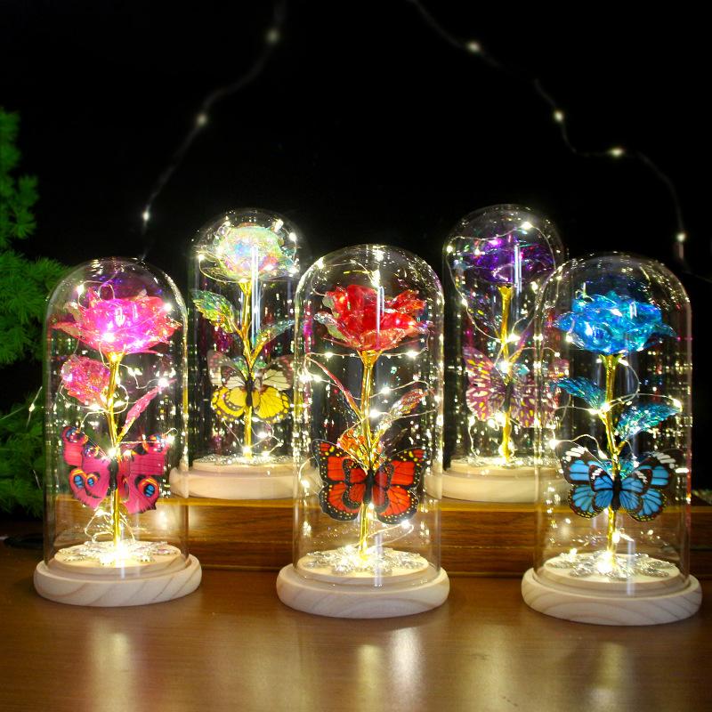 Valentines Day Gift Led Light Foil Galaxy Infinity Rose Glass Dome 24k Gold Rose Butterfly Factory Price Long Lasting 3-5 Years