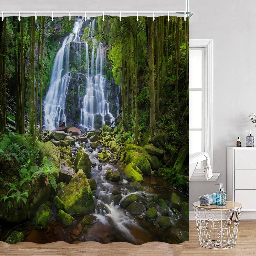 Waterfall Shower Curtains Natural Landscape Green Plants Forest Nature Greenery Home Decor for Bathroom Polyester Bath Curtain