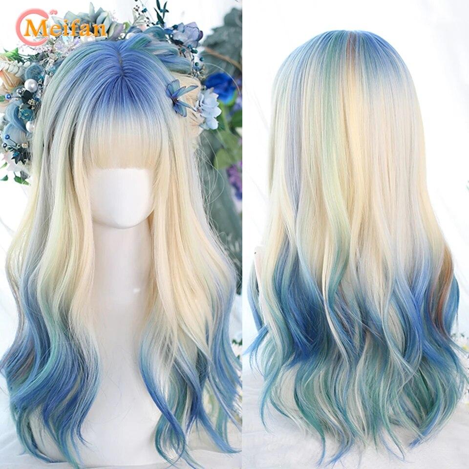 Synthetische lange Ombre bunte Cosplay Lolita Harajuku Perücke mit Pony natürliche wellige Halloween rosa lila blau tägliche Perücken