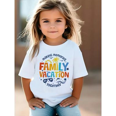 European Size Girls Round Neck Short Sleeved T Shirt with Creative English Design Family Vacation