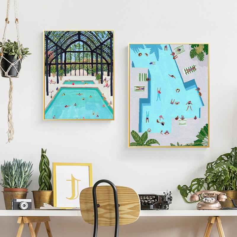 Kreskówka letni basen rośliny zielone sklep z napojami obraz na płótnie plakat artystyczny i druki obraz do wystroju salonu