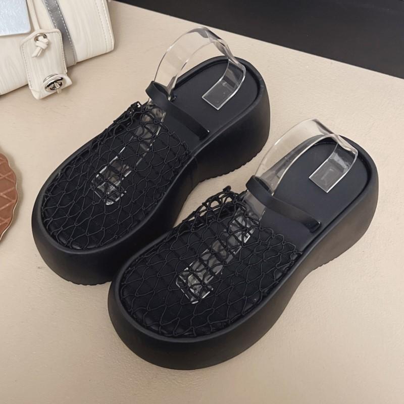 Fashion Vintage Mesh Cut-Out Closed Toe Platform Sandals Women Chunky Wedge Heel Beach Resort Slippers Summer Single Strap Outdoor Shoes