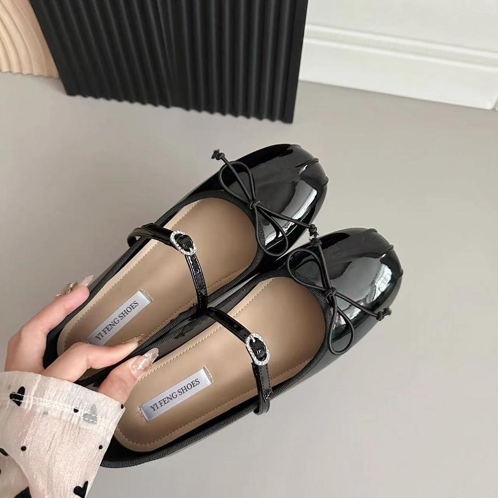 Silver ballet shoes increase height by 4 cm French one-word rhinestone belt Spring and summer 24 new square round head shallow mouth women's shoes