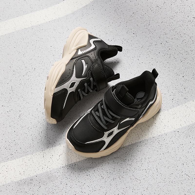 Anta Kids Synthetic Leather Fabric Trendy Versatile Lightweight Shock Absorbing Low Top Running Shoes Kids sneaker Black Silver A12449977N-2