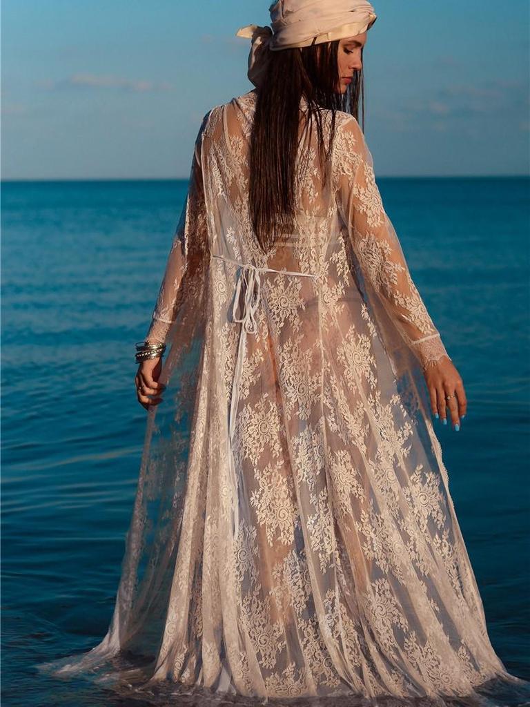 European-American Lace Embroidery Beach Cover-up: Sexy, Loose See-through Vacation Cardigan Dress