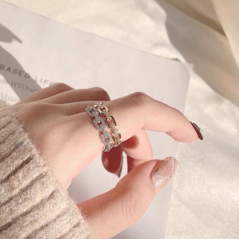 Hejia Sterling Silver Pig Nose Chain Ring: Women's Simple Versatile Japanese & Korean Style Stackable Diamond Interlocking Index Finger Ring