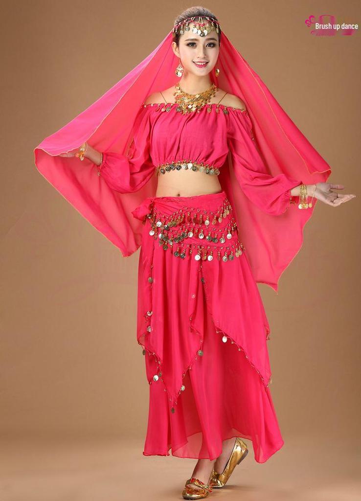 Traditional Ethnic Belly Dance Costume with Coin Skirt and Long Sleeves