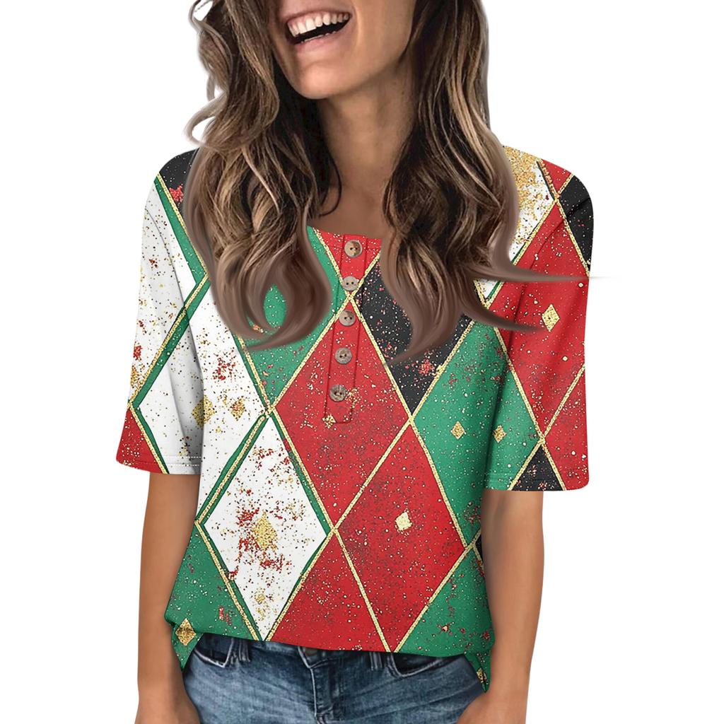 T-shirts Pour Femmes Tendance Col Rond Boutonnés T-shirts Blouse Imprimée Manches Courtes Hauts Pour Femmes