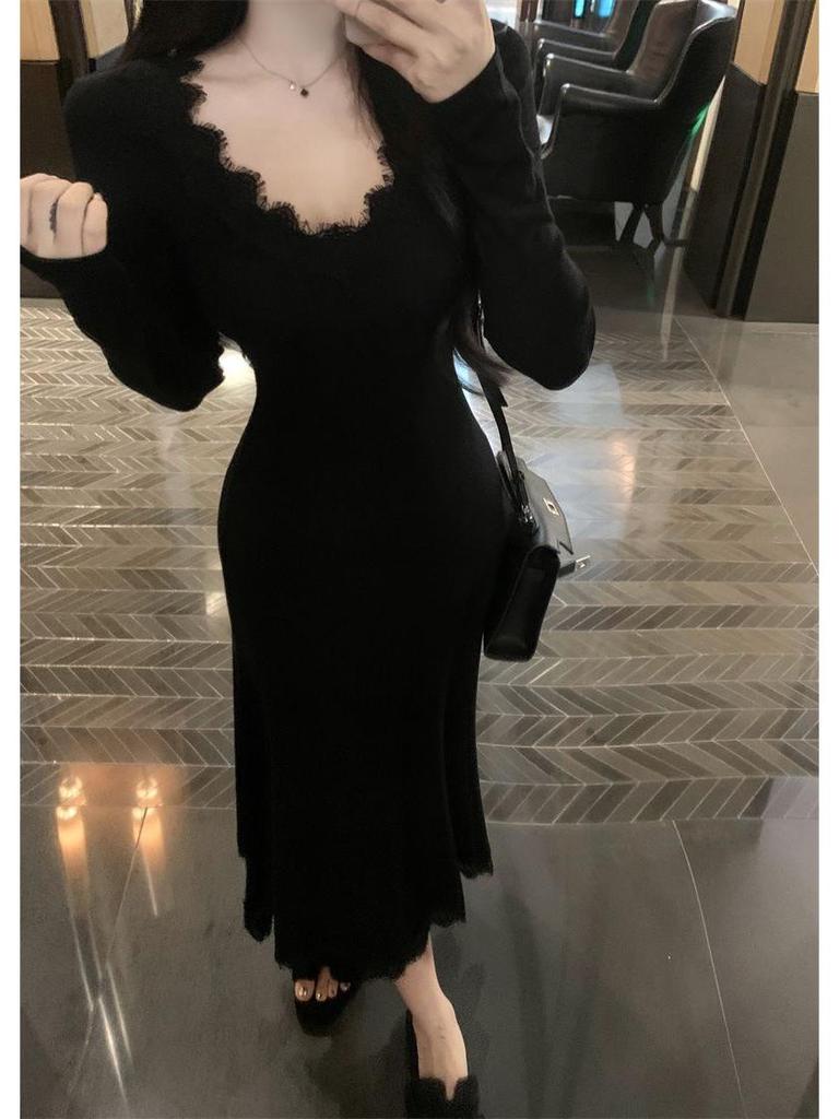 Pure Desire Lace Patchwork Long Sleeve Dress: 2026 Spring/Autumn Trendy Slim Fit Skirt Style