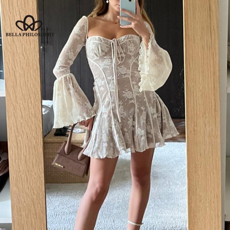 Women's New Lace-up Chest Lace Printed Long Sleeve Dress Fashion Casual Elegant Woman Short Party Dress