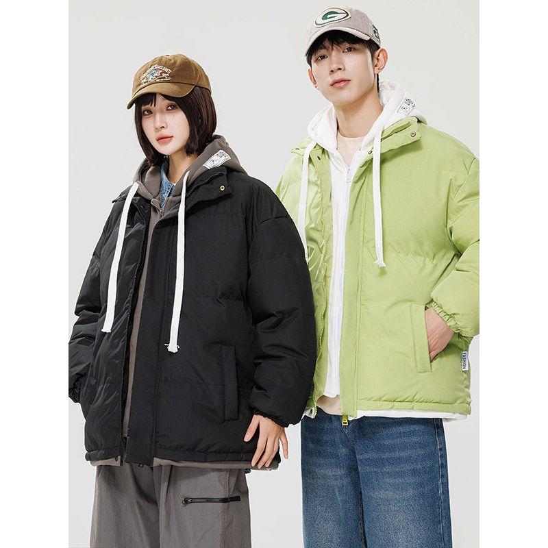 Stock Fake Two-Piece Hooded Cotton Jacket for Men and Women, Couple Style, Faux Hooded Down Jacket, Trendy Brand, Student Thickened Casual Cotton Coat