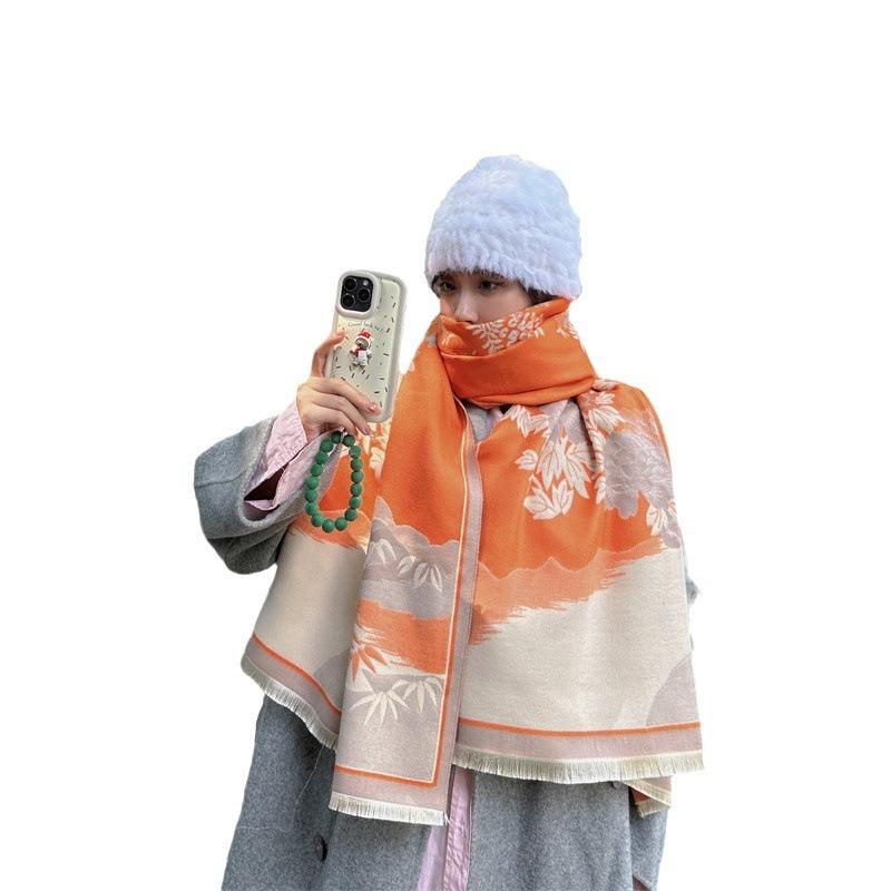 Landscape Flower Language Winter Office Imitation Cashmere Warm Scarf Send Mom Retro Flower Air Conditioning Shawl