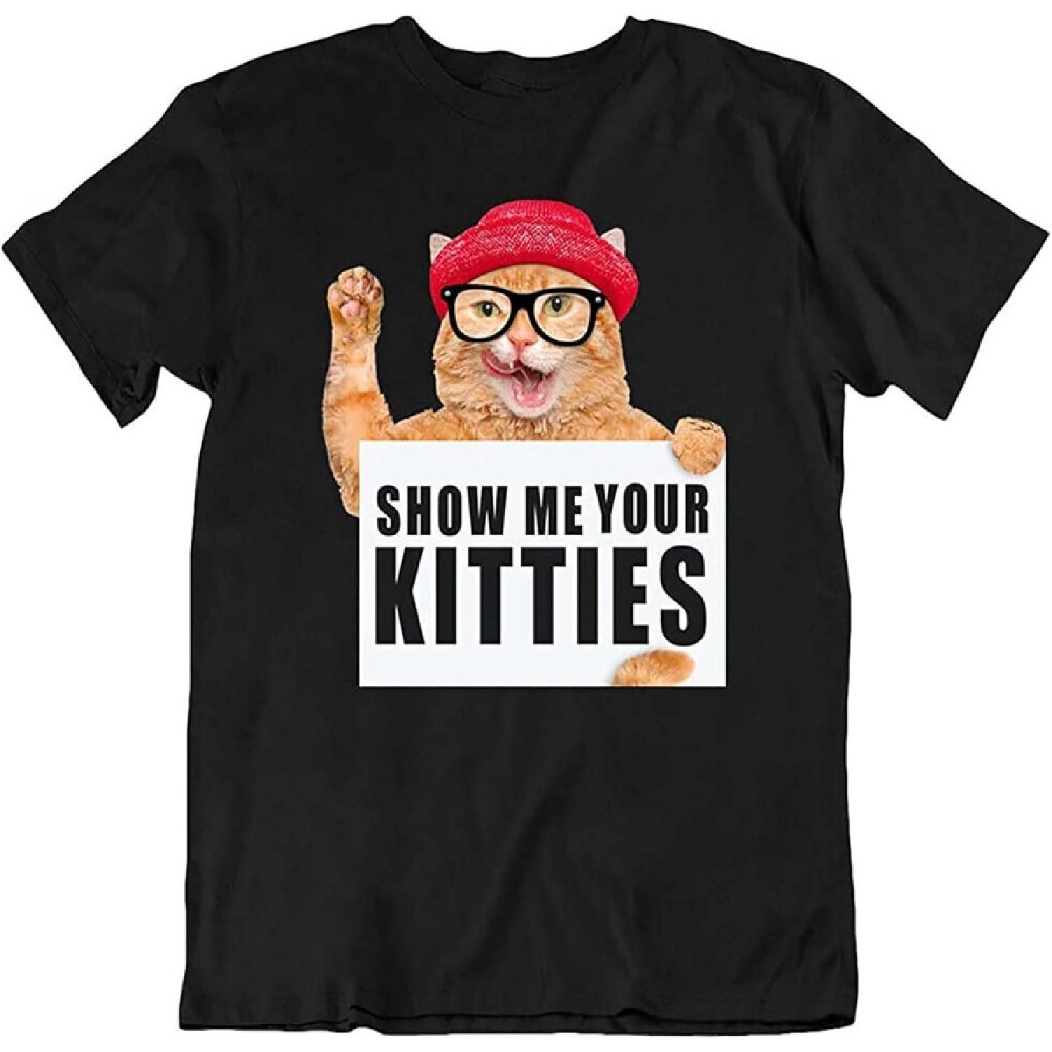 ZERONNEESTUDIO Мужская Футболка с Кошкой  Покажи Своих Котят  Чайная Кошка Мяу Животное Подарок Короткий Рукав Черный S