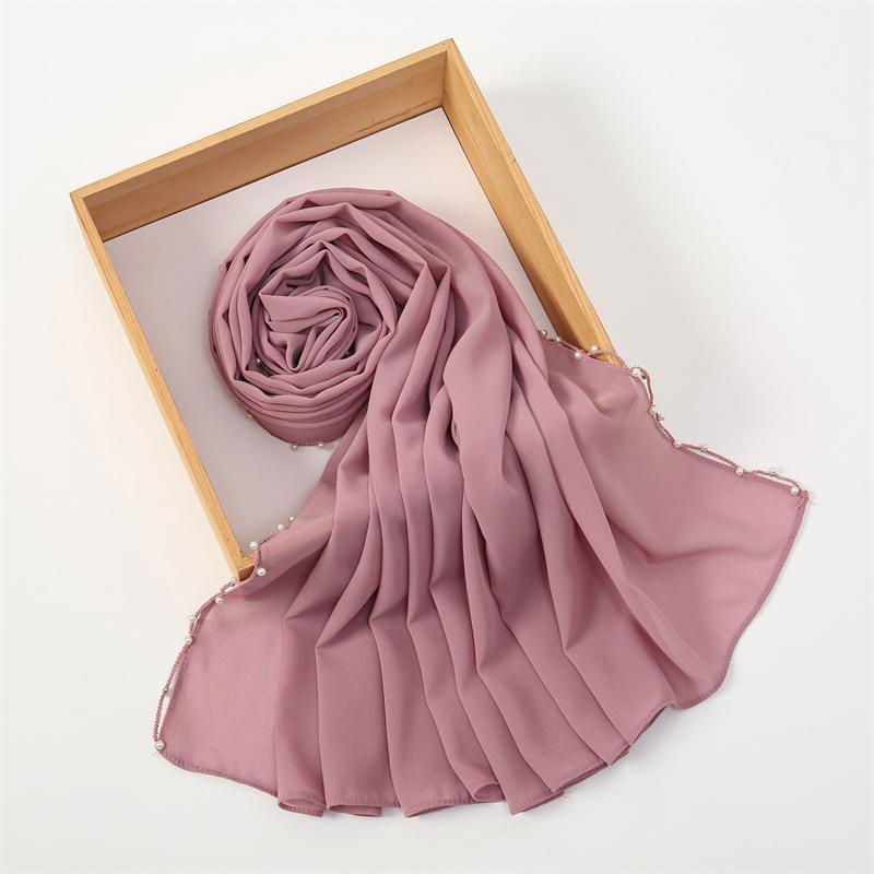 Muslim Chiffon Hijab Scarf Pearl Edge Solid Color Squane Head Wrap For Women Hijabs Scarves Jersey Hijabs Islamic Turban Headban