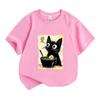 Kids Boys Girls 100% Cotton Crew Neck Short Sleeve T-Shirt, Cute Black Cat Ramen Noodle Graphic Tee Casual Summer Daily Wear Tops for Children