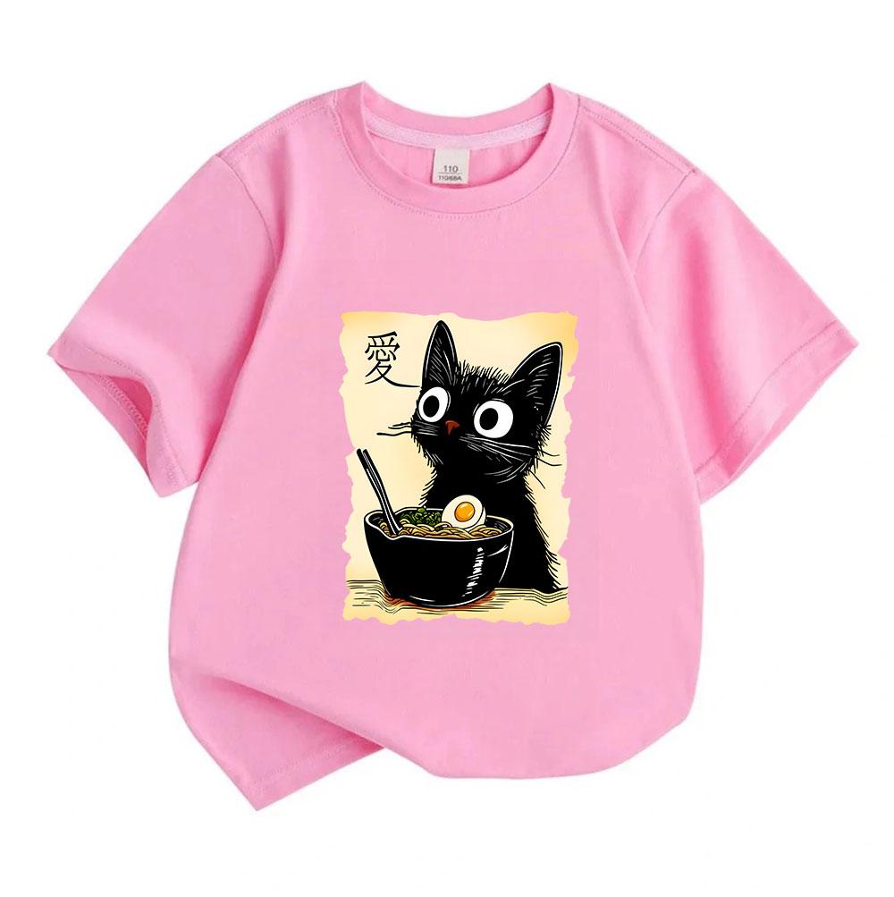 Kids Boys Girls 100% Cotton Crew Neck Short Sleeve T-Shirt, Cute Black Cat Ramen Noodle Graphic Tee Casual Summer Daily Wear Tops for Children