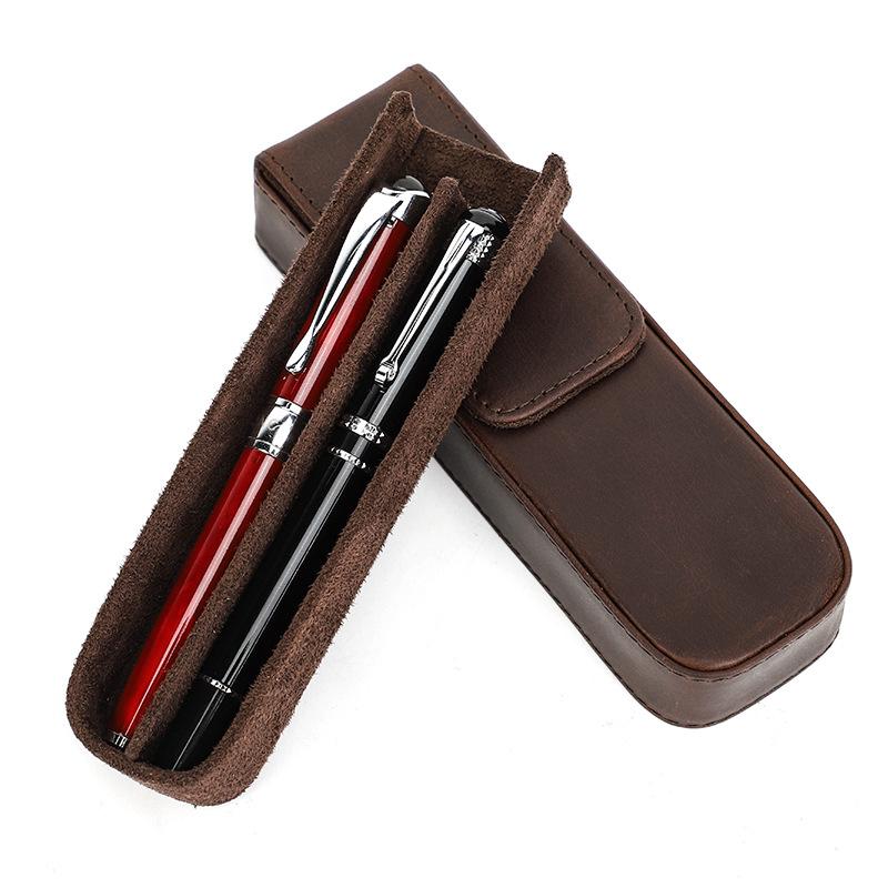 Crazy Horse Leather Pencil Case 2 Packs Handmade Drawer Type Detachable Student Office Pen Storage Case