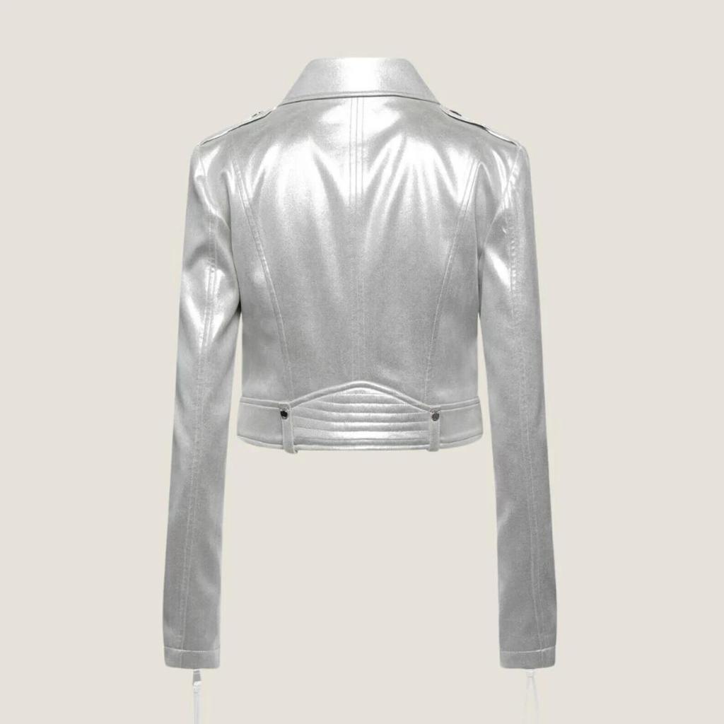 Women's Casual Biker Motorcycle Jacket Silver Leather Handmade Lambskin Stylish