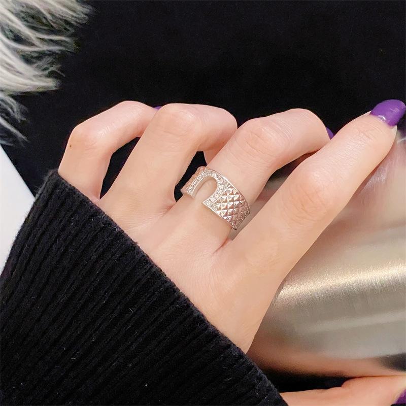 New Xiaoxiangfeng Rhombus-Shaped Woven Zircon-Inlaid Open Ring, Light Luxury, High-End, Niche Design, Simple Jewelry Women