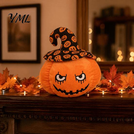 Creative Halloween Holiday Gift Pumpkin Plush Toy, Cute Wizard Hat Stuffed Animal Pillow for Smiling Plushie Sofa Bed, Spooky Home Decor Ornament