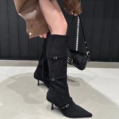 High Heels Wildleder Frauen Hohe Stiefel Spitz Sexy Schuhe Knie Hohe Mode Chelsea Stiefel 2024 Trend Winter Pumps Botas De mujer