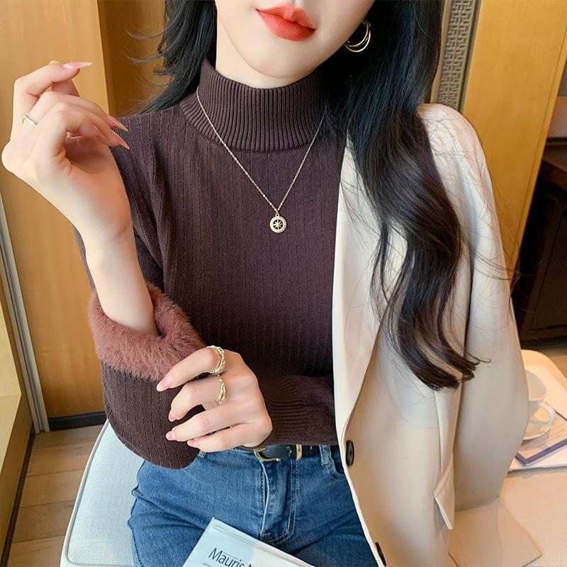 Pit Strip Semi-turtleneck Integrated Imitation Mink Velvet Bottoming Shirt Top Women's Autumn and Winter Slim-fitting Inner with Warm Knitted Sweater