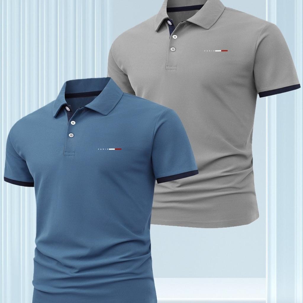 2Pcs Men'S Stylish Color-Blocked Casual Short-Sleeve Polo Shirt, Comfortable And Breathable for Everyday Outdoor Wear