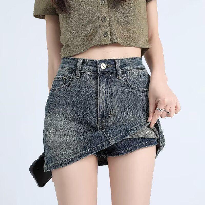 2025 Summer High-Waisted Distressed Denim Skort with Anti-Exposure Feature