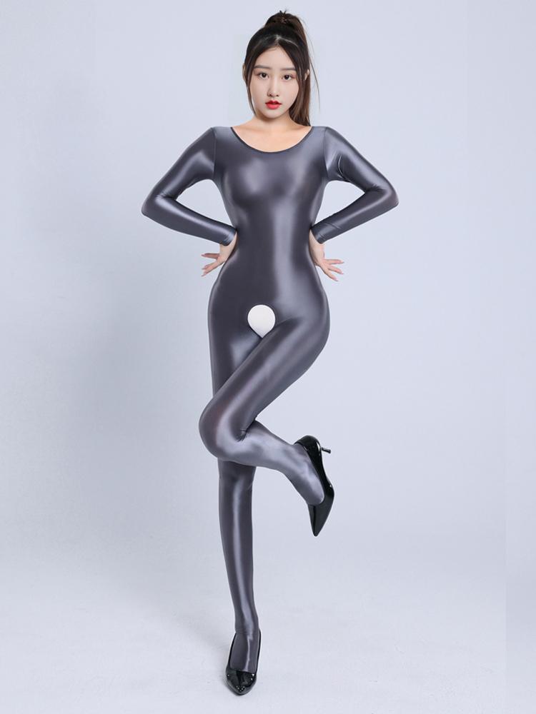 Sexy Women Candy Color Jumpsuit High Elastic Slip Satin Shiny Bodysuit Slimming Tight Open Crotch Leotard Shaper Wear