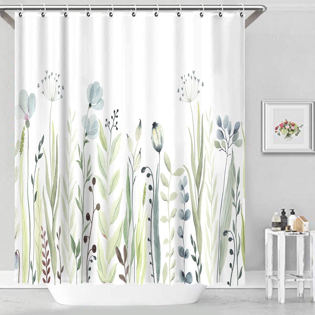 Blue Floral Shower Curtain Watercolor Flower Bath Curtain Polyester Fabric Waterproof Bathroom Curtains with Hooks Bath Screen