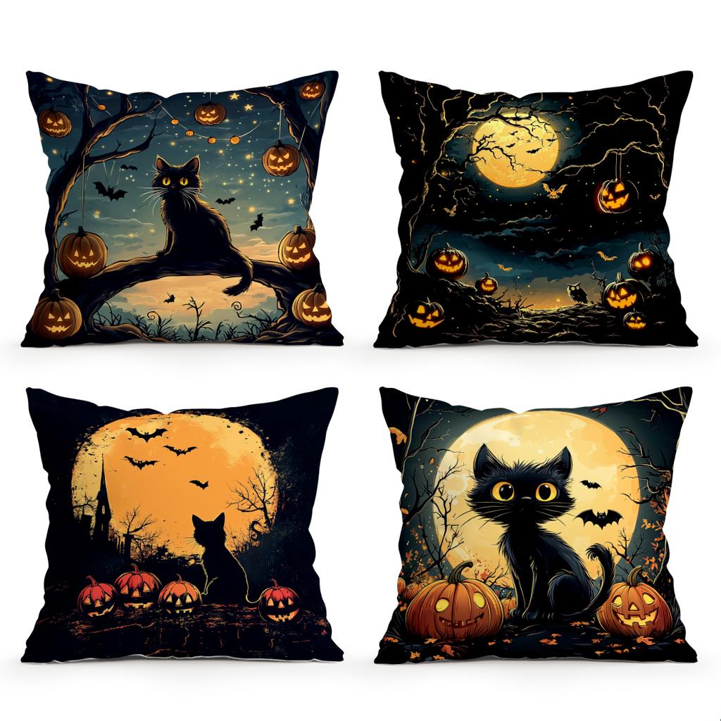 Halloween Black Cat Cushion Pillowcase Printed Polyester 45X45Cm Throw Pillowcover Decorative Sofa Cushion Pillowslip Home Decor