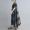 Women Cotton and Linen Dress Vintage Plaid Print O Neck Half Sleeves Side Pockets Robes Casual