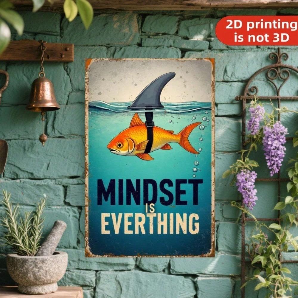 Vintage Goldfish Shark Fin Mindset Metal Sign Motivational Tin Wall Art Home Office Decor