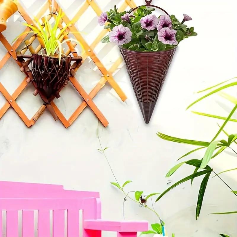 Fioriere a cono da appendere alla parete Marrone Intreccio in Rattan Sintetico Design Vintage Per Decorazioni Floreali da Interno ed Esterno