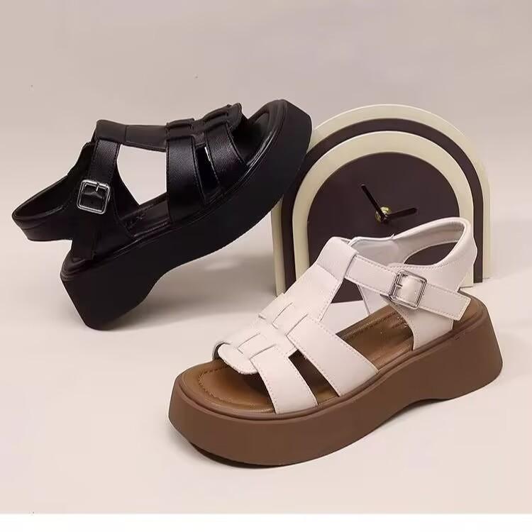 Real soft leather foreign trade platform shoes Roman sandals women's muffin bottom hollowed out non-slip soft sole word casual beach shoes women