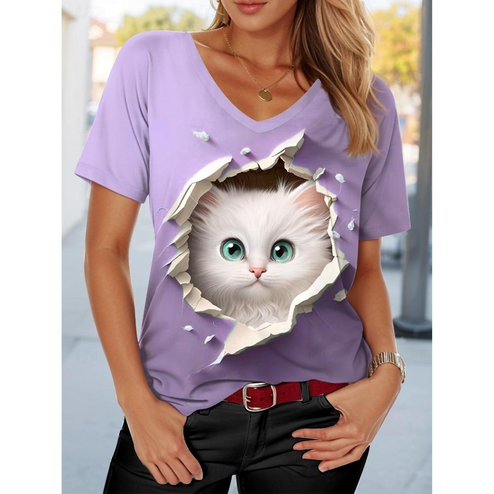 Women's T-shirt Graphic Cat Fashion Casual V-neck Short-sleeved Regular Top Daily Printed Blue Purple Green Summer T-shirt