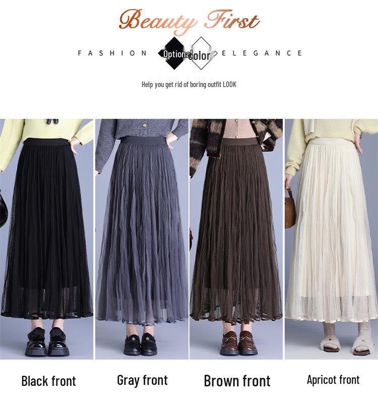 Winter 2025 Reversible Mesh Pleated Skirt with Elastic Waist