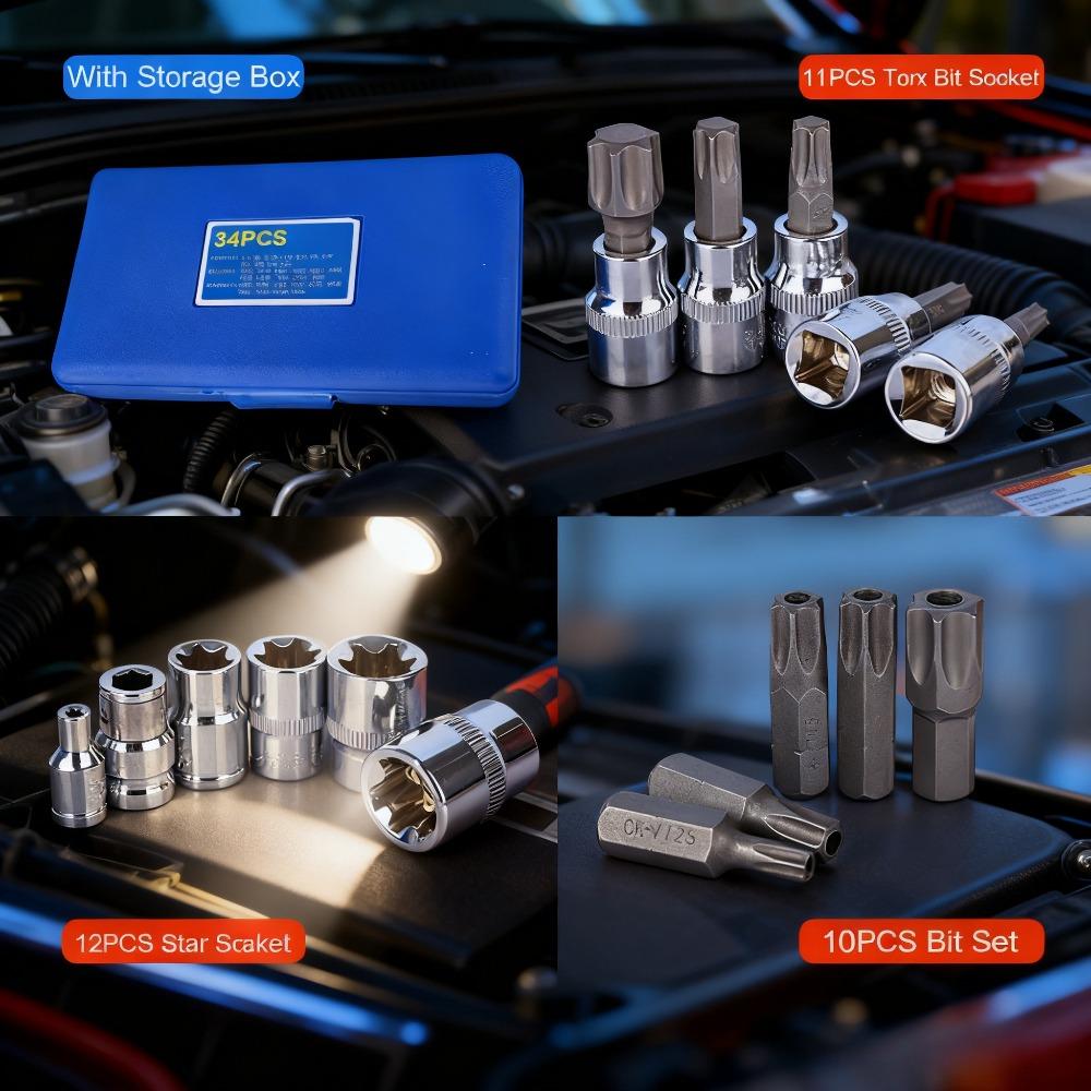 34-Piece Drive Torx Bit and E-Torx Star Socket Set, Cr-V E4-20, T10-T60, Tamper Proof T10-T55, Adapter With Storage Case