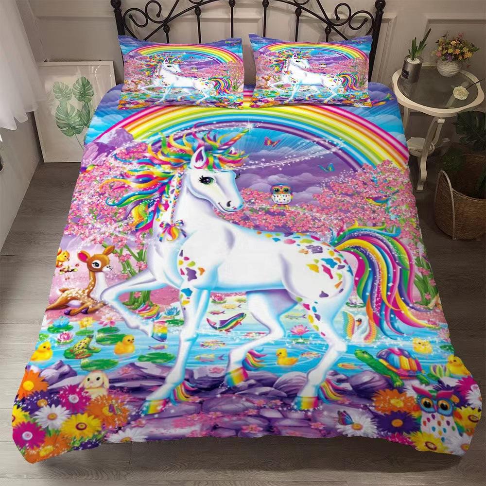 

Rainbow Unicorn Cartoon Animation Student Dormitory 3D Home Textile Sheet Kit Three-Piece Quilt Cover Sheet Digital Geometric Pattern 135 * 200