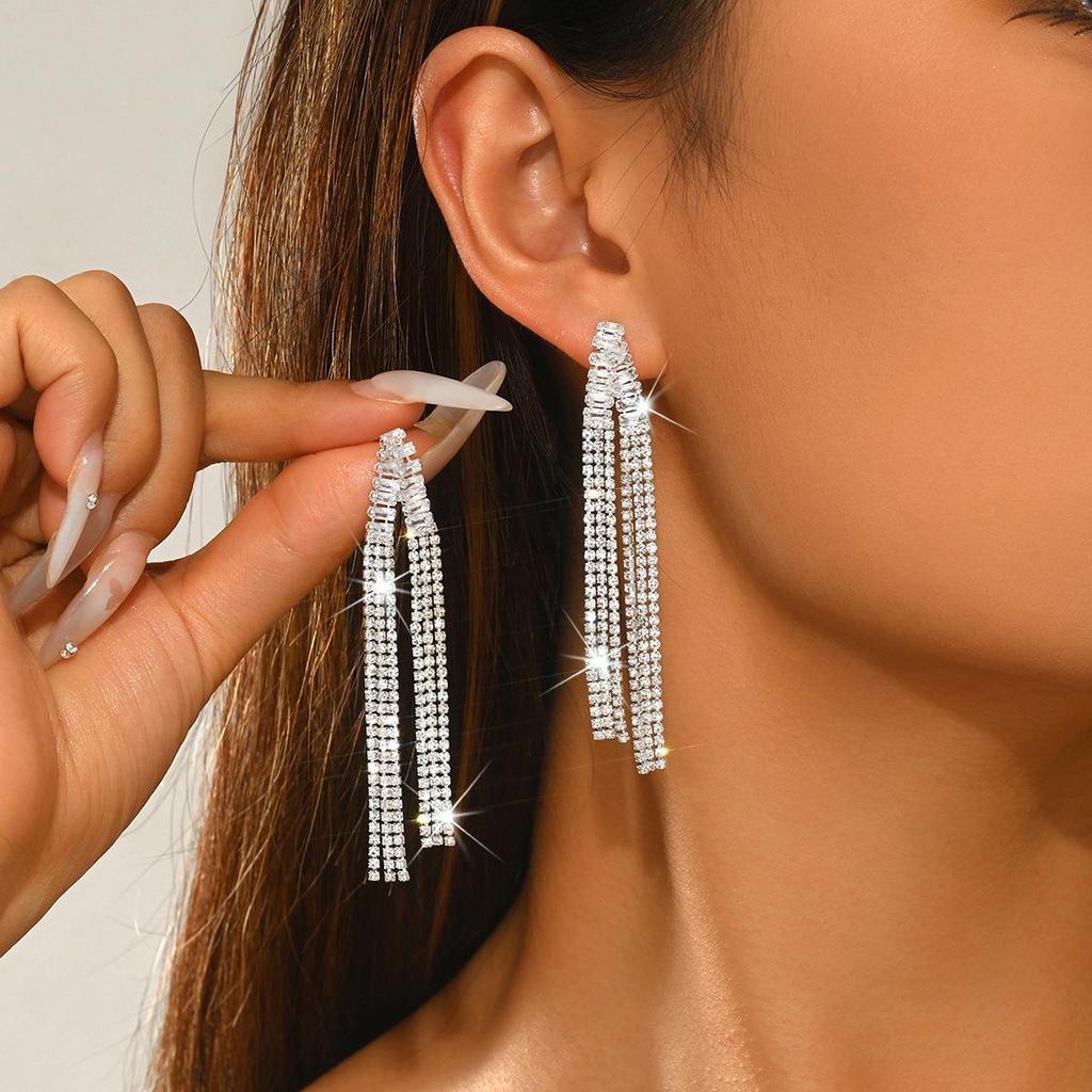 Elegant Rhinestone Zircon Geometric Tassel Earrings - Light Luxury & Eco-Friendly