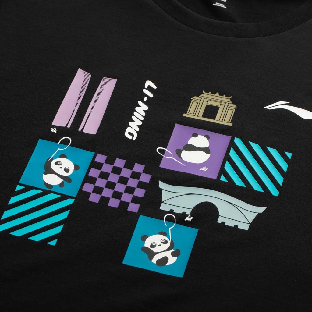 Li Ning Badminton Serie Cartoon Anime Rundhals Bequem Vielseitig Atmungsaktiv Kurzarm Badmintonshirt Unisex Oberteile Schwarz AHSUA47-1
