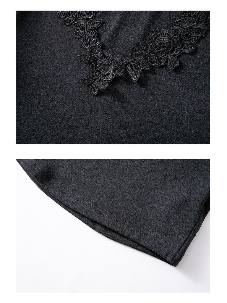 Dámské bavlněné tričko s V-výstřihem a dlouhým rukávem z francouzské krajky - Slim Fit pro jaro/podzim 2026