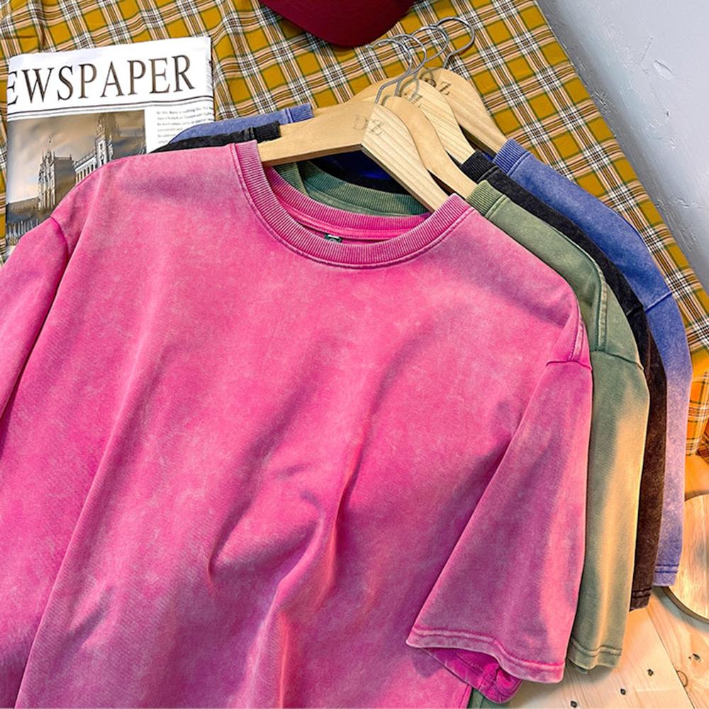Vintage Schneeflockenpunkt Einfarbige T-Shirts Für Männer Frauen Baumwolle Kurzarm Waschen Mit Altem Wasserstraße Hip Hop T-Shirt