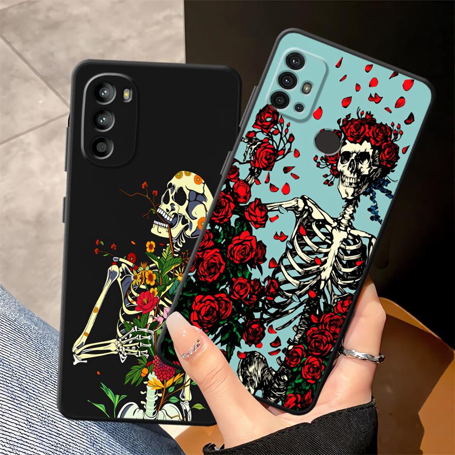 Handyhülle Case für Motorola Moto G22 Edge40 G60s G51 G73 G53 G30 G52 G50 G71 Edge 20 Pro 30 Lite G32 Rose Schädel