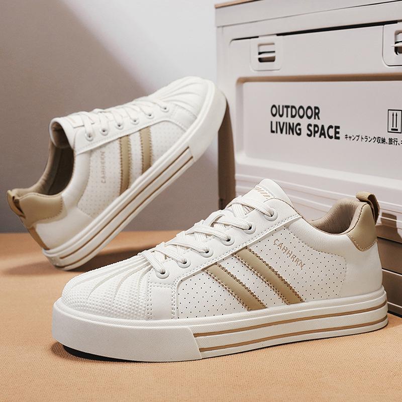 Board Shoes Men'S Casual Shell Head Leather Surface Two Bars Sports Breathable Trend White Shoes
