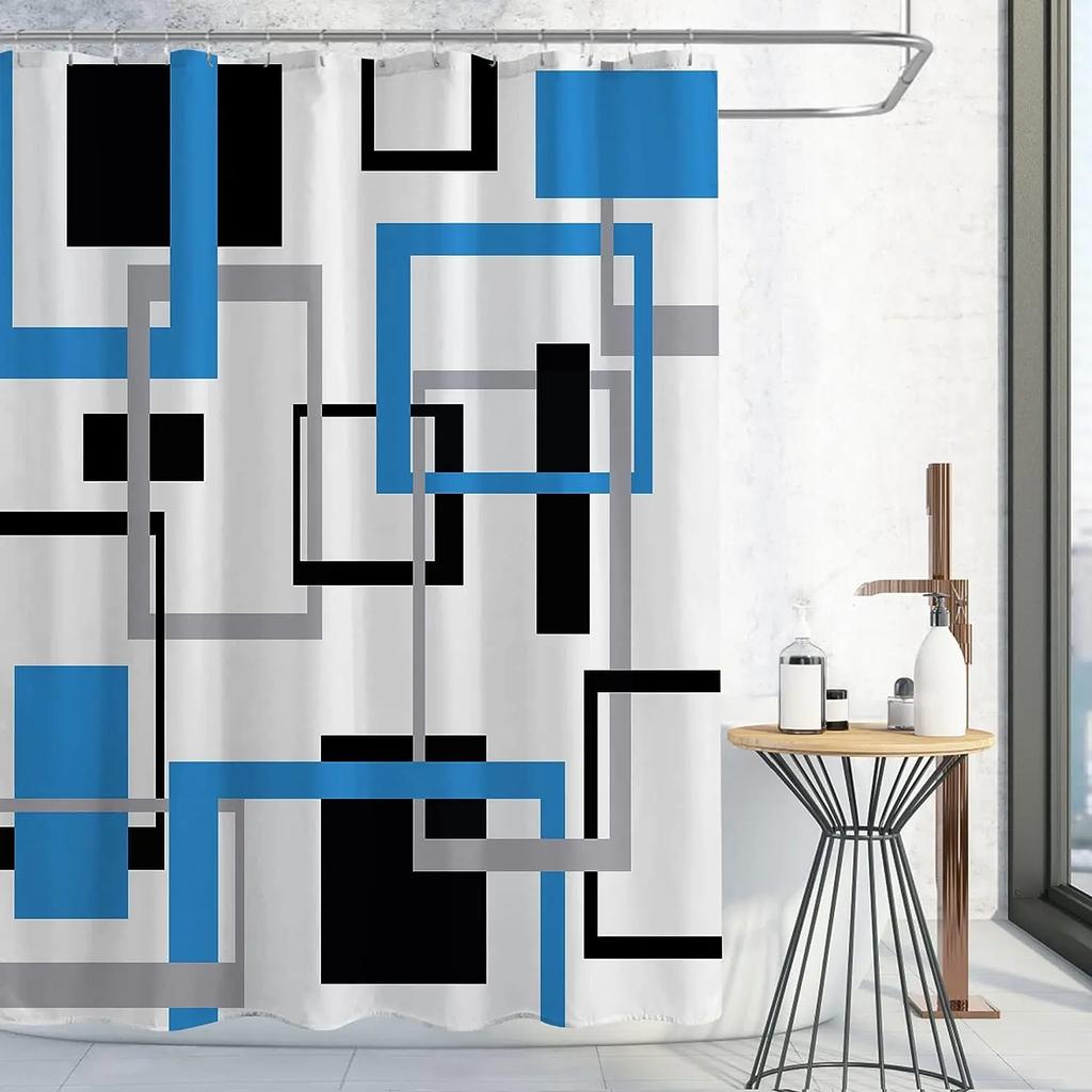 Fabric Geometric Shower Curtain, Mid-Century Modern Geometric  Herringbone Chevron Blue Black Gray Square Bathroom Decoration