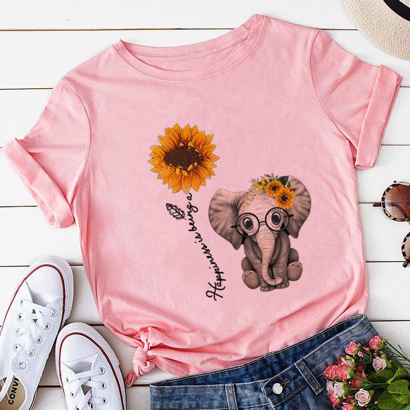 Elephant Sunflower Print Shirt Women Casual Short Sleeve O Neck Tee Tops 90S Harajuku