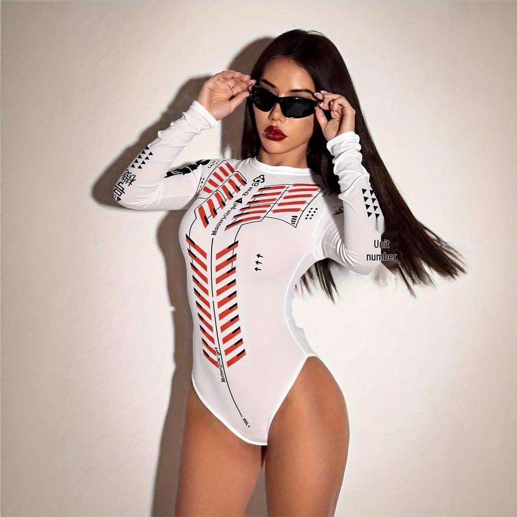 Spicy Style Women's Slimming Summer Motorcycle Jumpsuit - Print Long Sleeve, Half-High Collar Streetwear